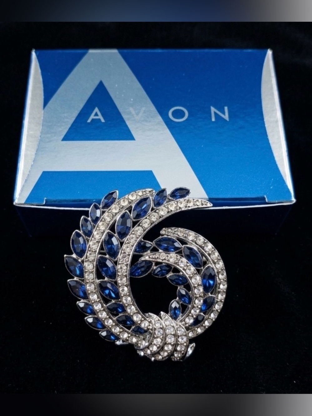 #217 AVON Vintage 120th Anniversary Sapphire Blue & Clear Rhinestone Brooch